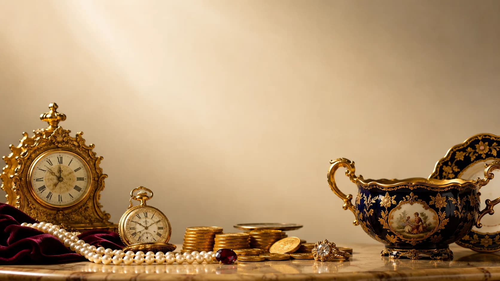 Antike Standuhr, goldene Taschenuhr, Goldmünzen, Perlen, Edelsteine und Meissener Porzellan – Ankauf bei Antikes & Edelmetalle Wagner